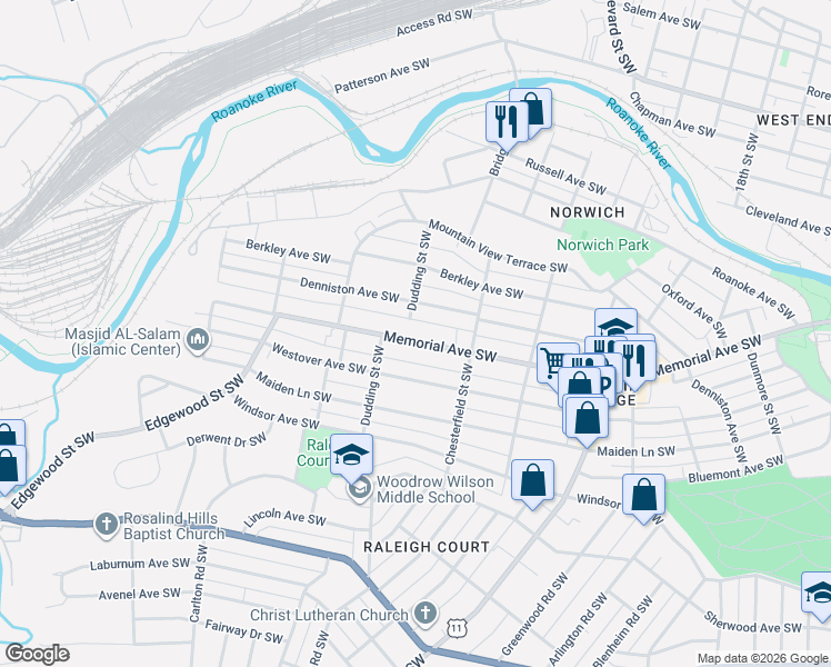 map of restaurants, bars, coffee shops, grocery stores, and more near in Roanoke