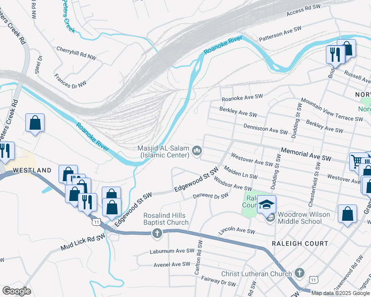 map of restaurants, bars, coffee shops, grocery stores, and more near 2657 Westover Avenue Southwest in Roanoke