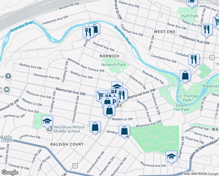 map of restaurants, bars, coffee shops, grocery stores, and more near 2011 Denniston Avenue Southwest in Roanoke
