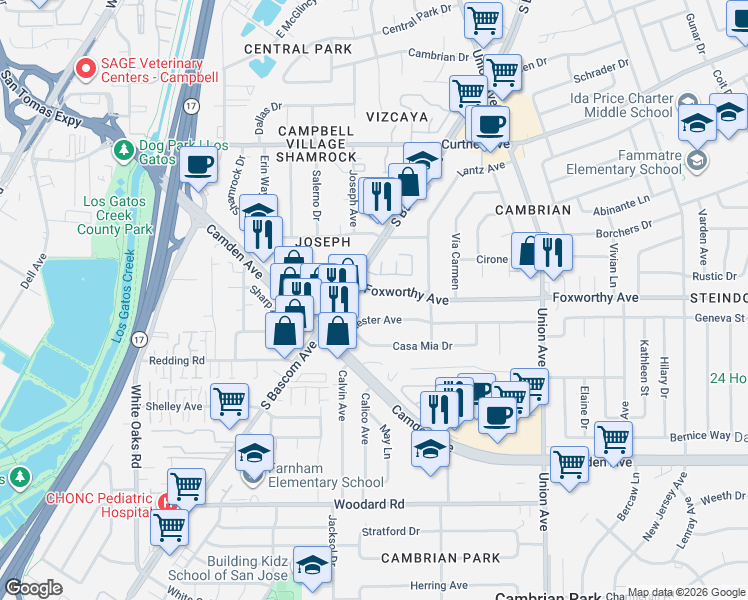 map of restaurants, bars, coffee shops, grocery stores, and more near 2195 Foxworthy Avenue in San Jose