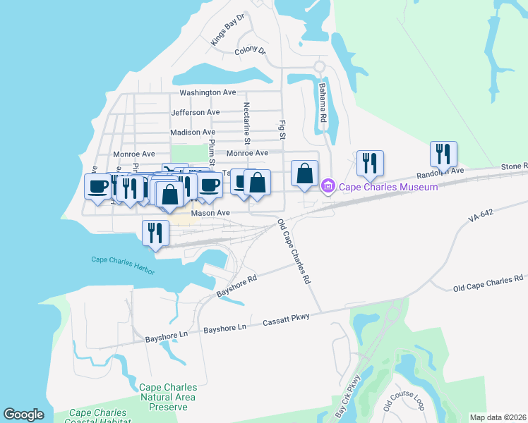 map of restaurants, bars, coffee shops, grocery stores, and more near 611 Mason Avenue in Cape Charles