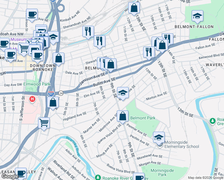 map of restaurants, bars, coffee shops, grocery stores, and more near 916 Highland Avenue Southeast in Roanoke