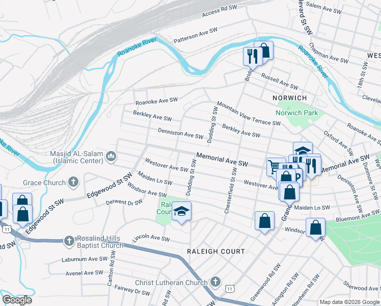 map of restaurants, bars, coffee shops, grocery stores, and more near 2333 Memorial Avenue Southwest in Roanoke