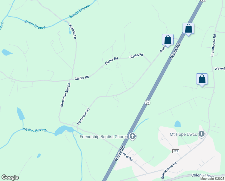 map of restaurants, bars, coffee shops, grocery stores, and more near 739 Patterson Road in Rustburg