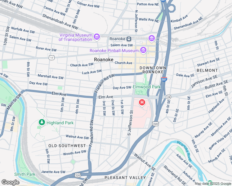 map of restaurants, bars, coffee shops, grocery stores, and more near 115 Elm Avenue in Roanoke