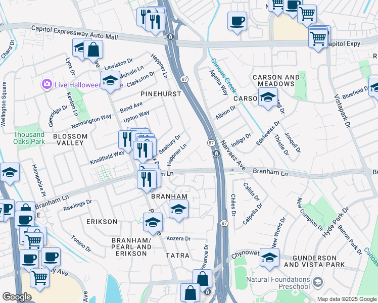 map of restaurants, bars, coffee shops, grocery stores, and more near 691 Faraone Drive in San Jose