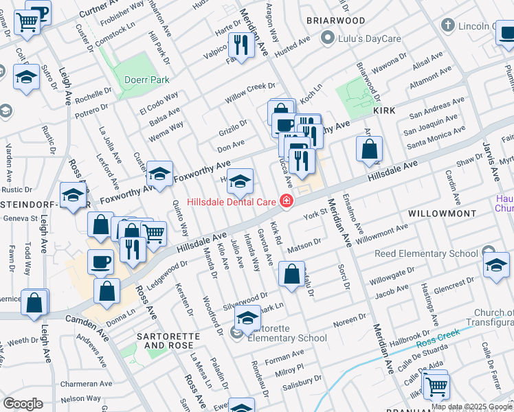 map of restaurants, bars, coffee shops, grocery stores, and more near 3246 Gavota Avenue in San Jose