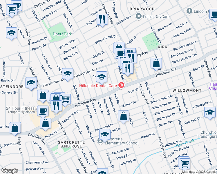 map of restaurants, bars, coffee shops, grocery stores, and more near 3246 Gavota Avenue in San Jose