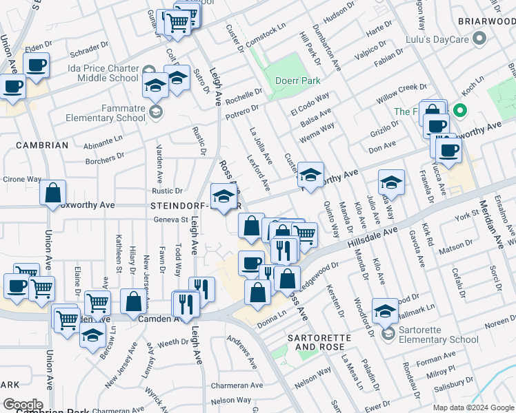 map of restaurants, bars, coffee shops, grocery stores, and more near 1818 Foxworthy Avenue in San Jose
