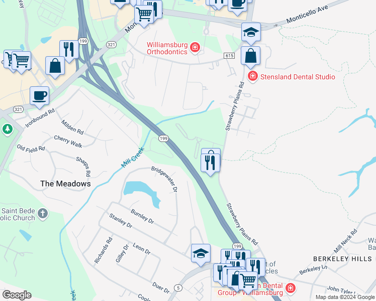 map of restaurants, bars, coffee shops, grocery stores, and more near 3847 Staffordshire Lane in Williamsburg