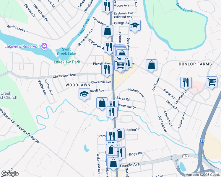 map of restaurants, bars, coffee shops, grocery stores, and more near 100 Taswell Avenue in Colonial Heights
