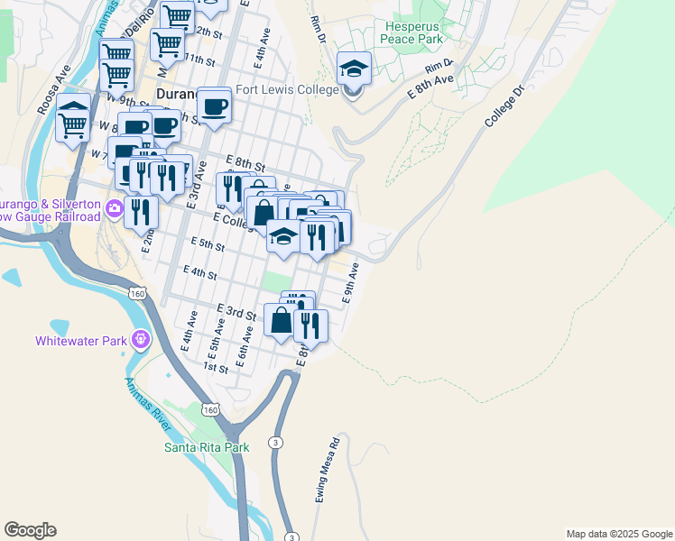 map of restaurants, bars, coffee shops, grocery stores, and more near 819 East 5th Street in Durango