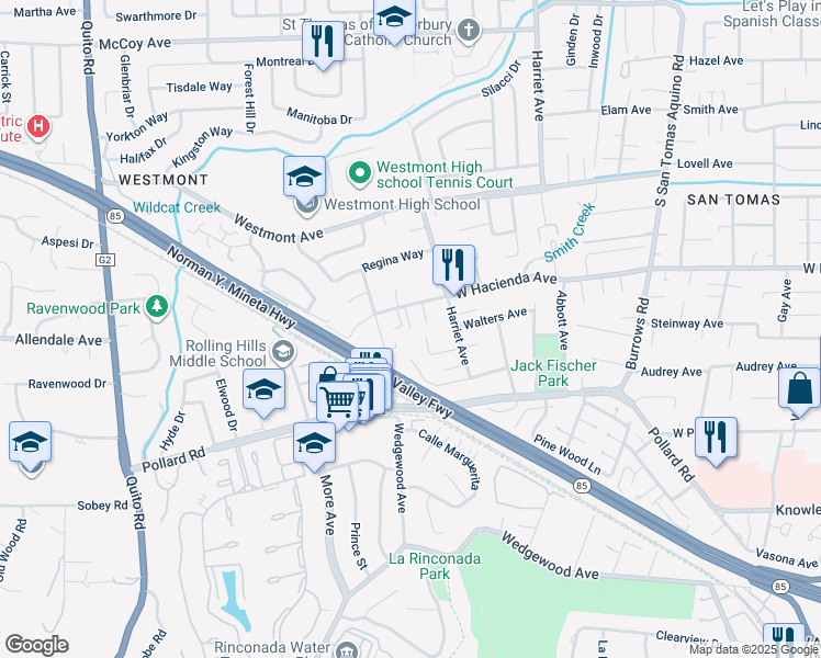map of restaurants, bars, coffee shops, grocery stores, and more near Bronwen Way in Campbell