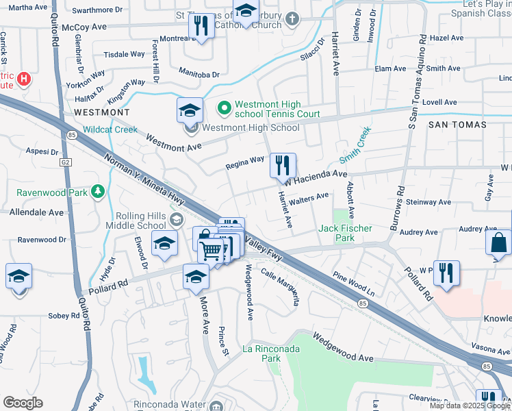 map of restaurants, bars, coffee shops, grocery stores, and more near 1309 Bronwen Way in Campbell