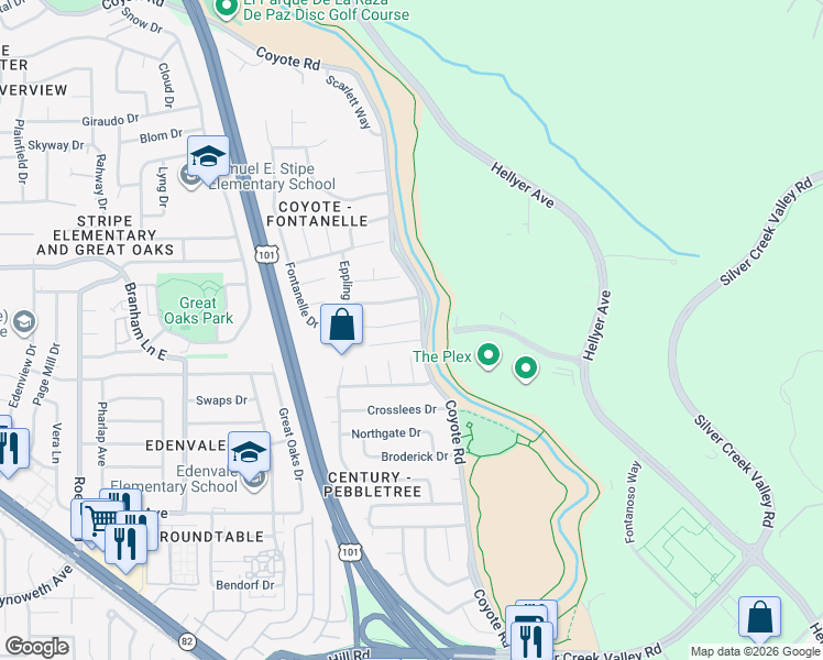 map of restaurants, bars, coffee shops, grocery stores, and more near 518 Fontanelle Court in San Jose