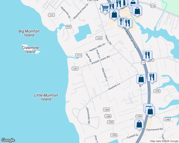 map of restaurants, bars, coffee shops, grocery stores, and more near 7346 Joseph Lewis Road in Gloucester Point