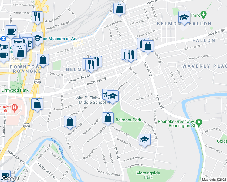 map of restaurants, bars, coffee shops, grocery stores, and more near 1006 Murray Avenue Southeast in Roanoke
