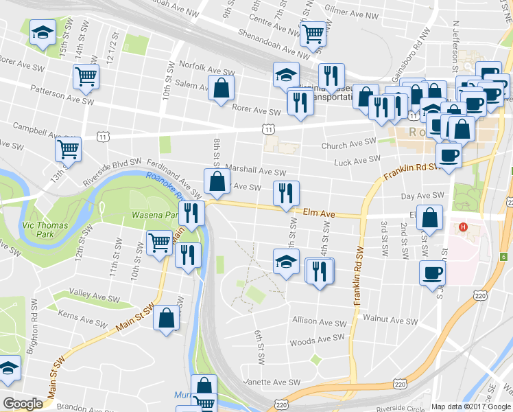 map of restaurants, bars, coffee shops, grocery stores, and more near 601 Elm Avenue in Roanoke