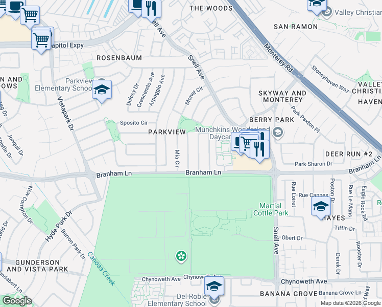 map of restaurants, bars, coffee shops, grocery stores, and more near 4632 Holycon Circle in San Jose