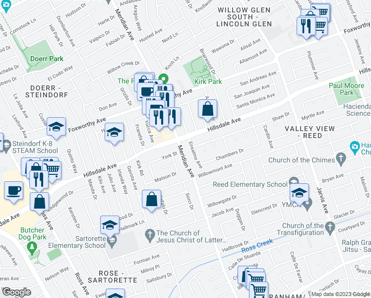 map of restaurants, bars, coffee shops, grocery stores, and more near 3299 Ensalmo Avenue in San Jose