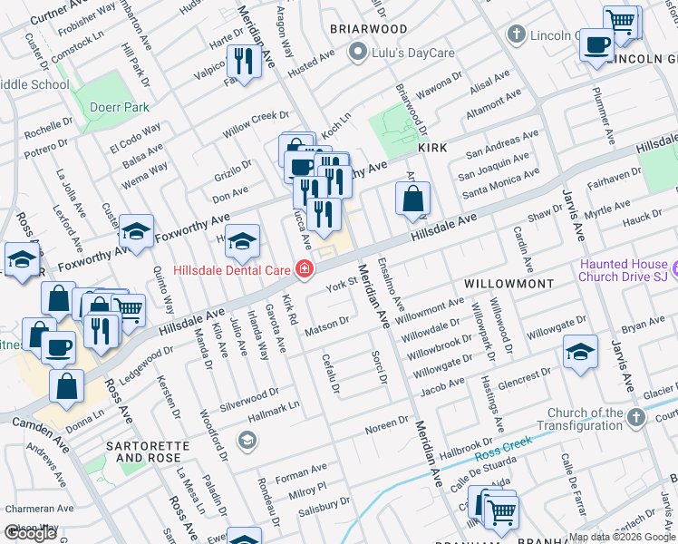 map of restaurants, bars, coffee shops, grocery stores, and more near 1630 Hillsdale Avenue in San Jose
