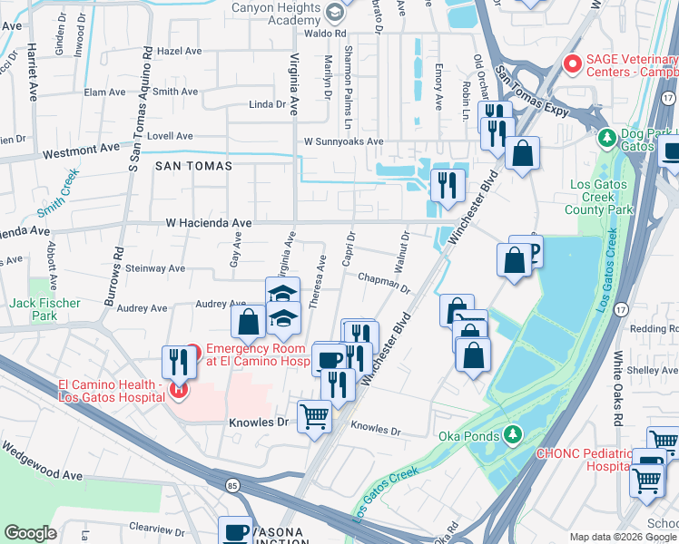 map of restaurants, bars, coffee shops, grocery stores, and more near 1315 Capri Drive in Campbell