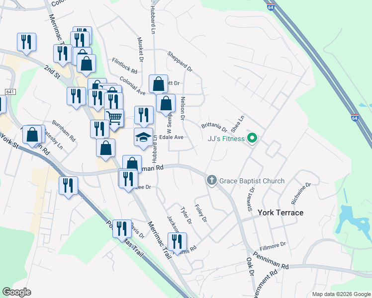 map of restaurants, bars, coffee shops, grocery stores, and more near 114 Semple Road in Williamsburg