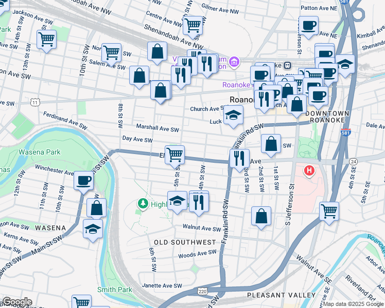 map of restaurants, bars, coffee shops, grocery stores, and more near 431 Elm Avenue in Roanoke