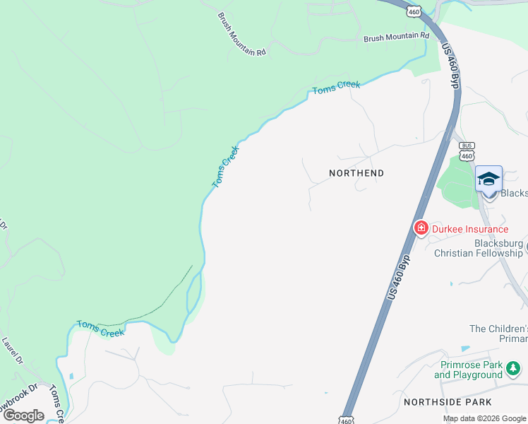 map of restaurants, bars, coffee shops, grocery stores, and more near 515 Farmingdale Lane in Blacksburg