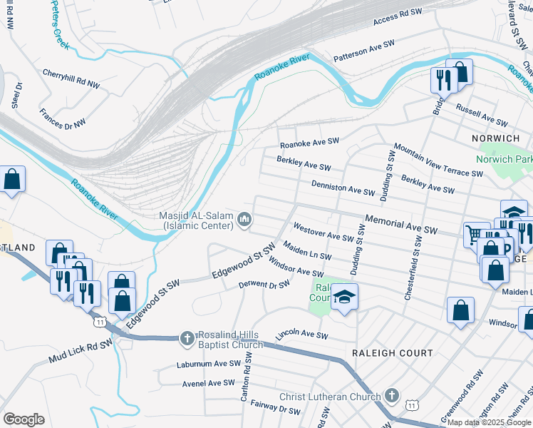 map of restaurants, bars, coffee shops, grocery stores, and more near 2529 Westover Avenue Southwest in Roanoke