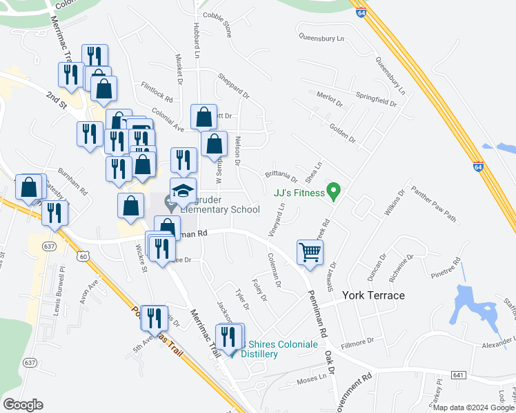 map of restaurants, bars, coffee shops, grocery stores, and more near 121 Semple Road in Williamsburg
