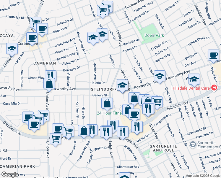 map of restaurants, bars, coffee shops, grocery stores, and more near Leigh Avenue & Foxworthy Avenue in San Jose