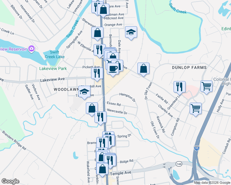 map of restaurants, bars, coffee shops, grocery stores, and more near 106 Hampton Drive in Colonial Heights