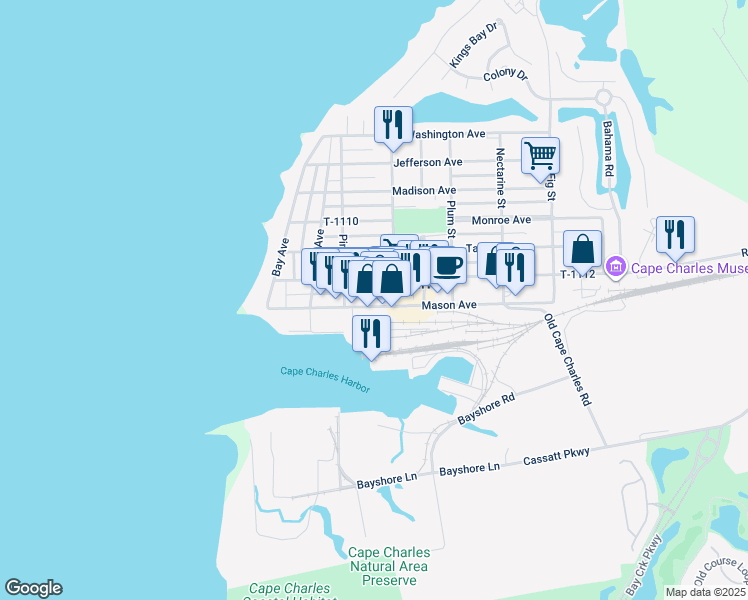map of restaurants, bars, coffee shops, grocery stores, and more near 227 Mason Avenue in Cape Charles
