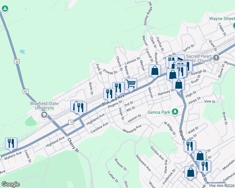 map of restaurants, bars, coffee shops, grocery stores, and more near 500 Bluefield Avenue in Bluefield