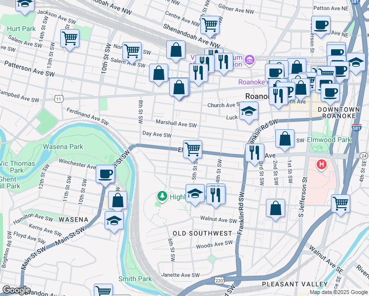 map of restaurants, bars, coffee shops, grocery stores, and more near 521 Elm Avenue in Roanoke