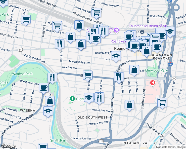 map of restaurants, bars, coffee shops, grocery stores, and more near 431 Elm Avenue in Roanoke