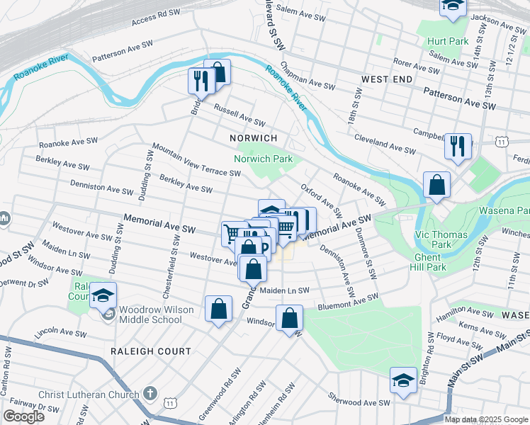 map of restaurants, bars, coffee shops, grocery stores, and more near 1132 Amherst Street Southwest in Roanoke