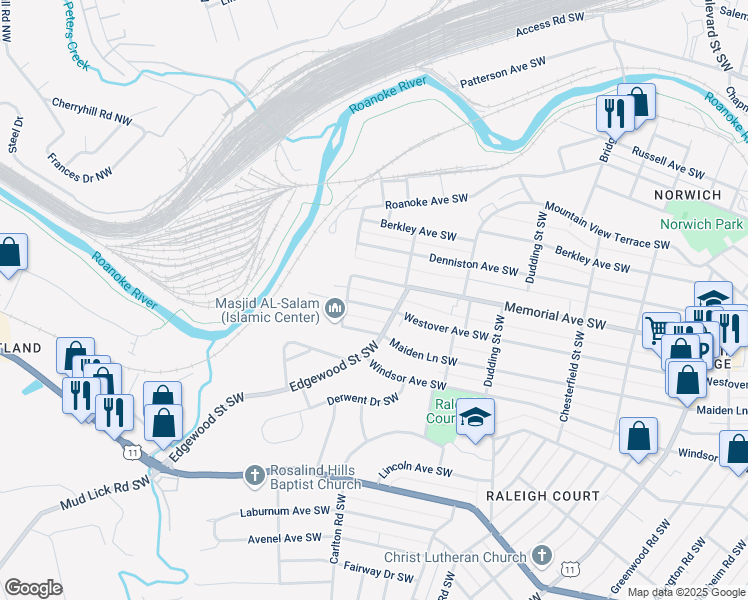 map of restaurants, bars, coffee shops, grocery stores, and more near 2522 Memorial Avenue Southwest in Roanoke