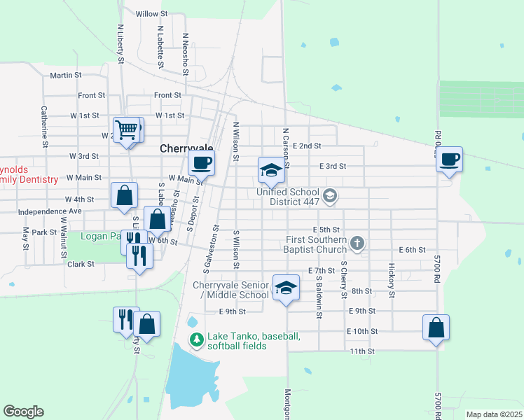 map of restaurants, bars, coffee shops, grocery stores, and more near 398 E 4th St in Cherryvale