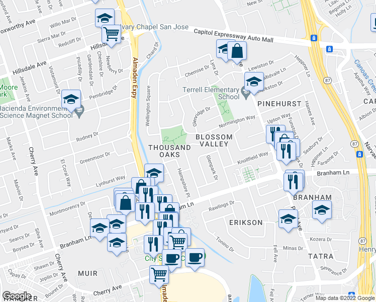map of restaurants, bars, coffee shops, grocery stores, and more near 1010 Woodgrove Lane in San Jose