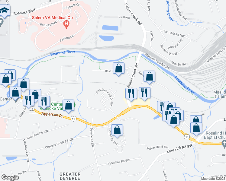 map of restaurants, bars, coffee shops, grocery stores, and more near 3760 Stratford Park Drive Southwest in Roanoke