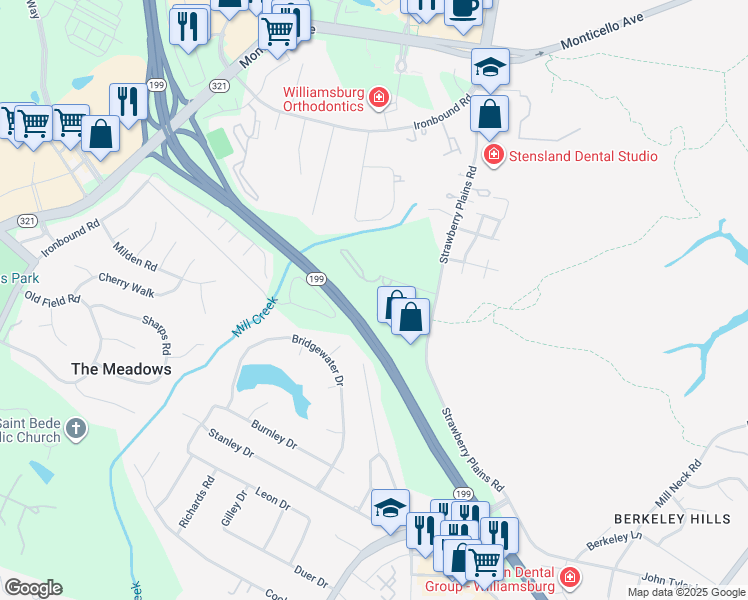 map of restaurants, bars, coffee shops, grocery stores, and more near 3833 Staffordshire Lane in Williamsburg