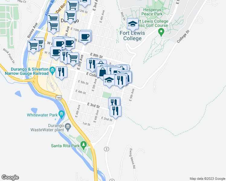 map of restaurants, bars, coffee shops, grocery stores, and more near 501 East 7th Avenue in Durango
