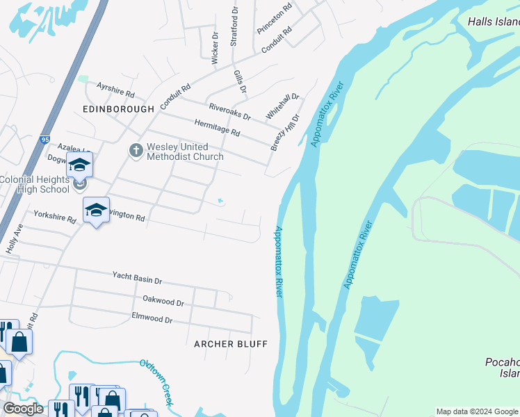 map of restaurants, bars, coffee shops, grocery stores, and more near 1400 Covington Road in Colonial Heights