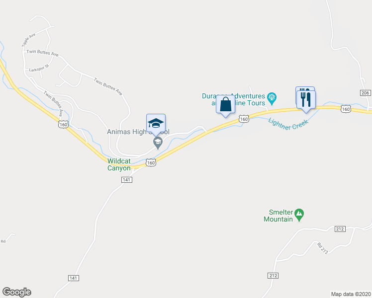 map of restaurants, bars, coffee shops, grocery stores, and more near 20200 U.S. 160 in Durango
