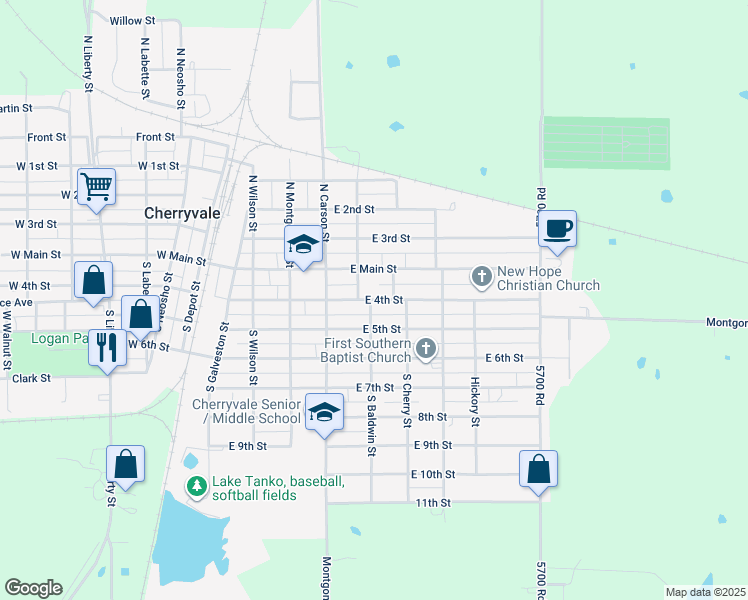 map of restaurants, bars, coffee shops, grocery stores, and more near 618 East 4th Street in Cherryvale
