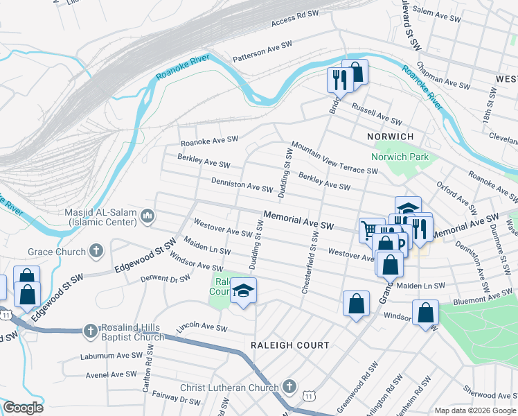 map of restaurants, bars, coffee shops, grocery stores, and more near 2333 Memorial Avenue Southwest in Roanoke