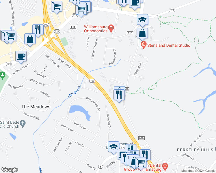 map of restaurants, bars, coffee shops, grocery stores, and more near 3837 Staffordshire Lane in Williamsburg