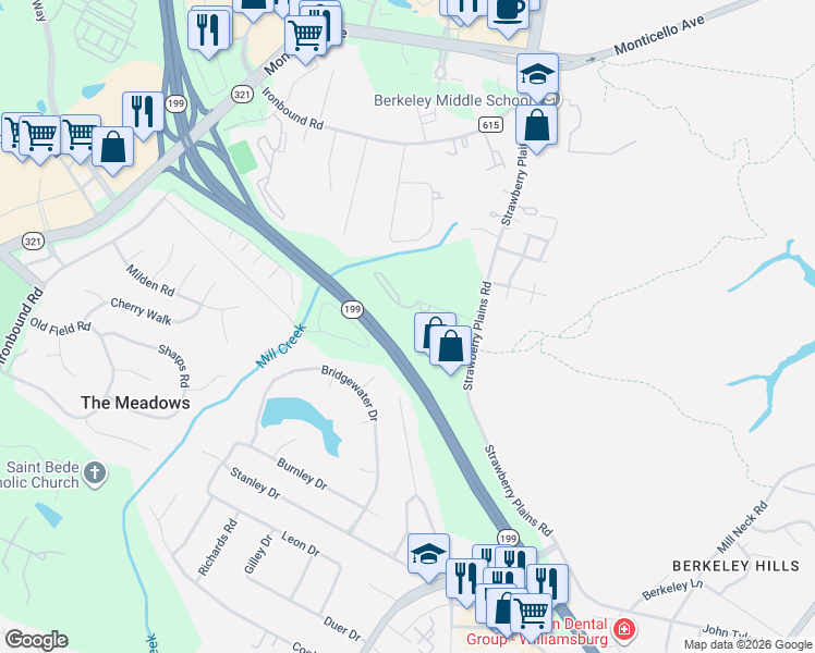 map of restaurants, bars, coffee shops, grocery stores, and more near 3821 Staffordshire Lane in Williamsburg